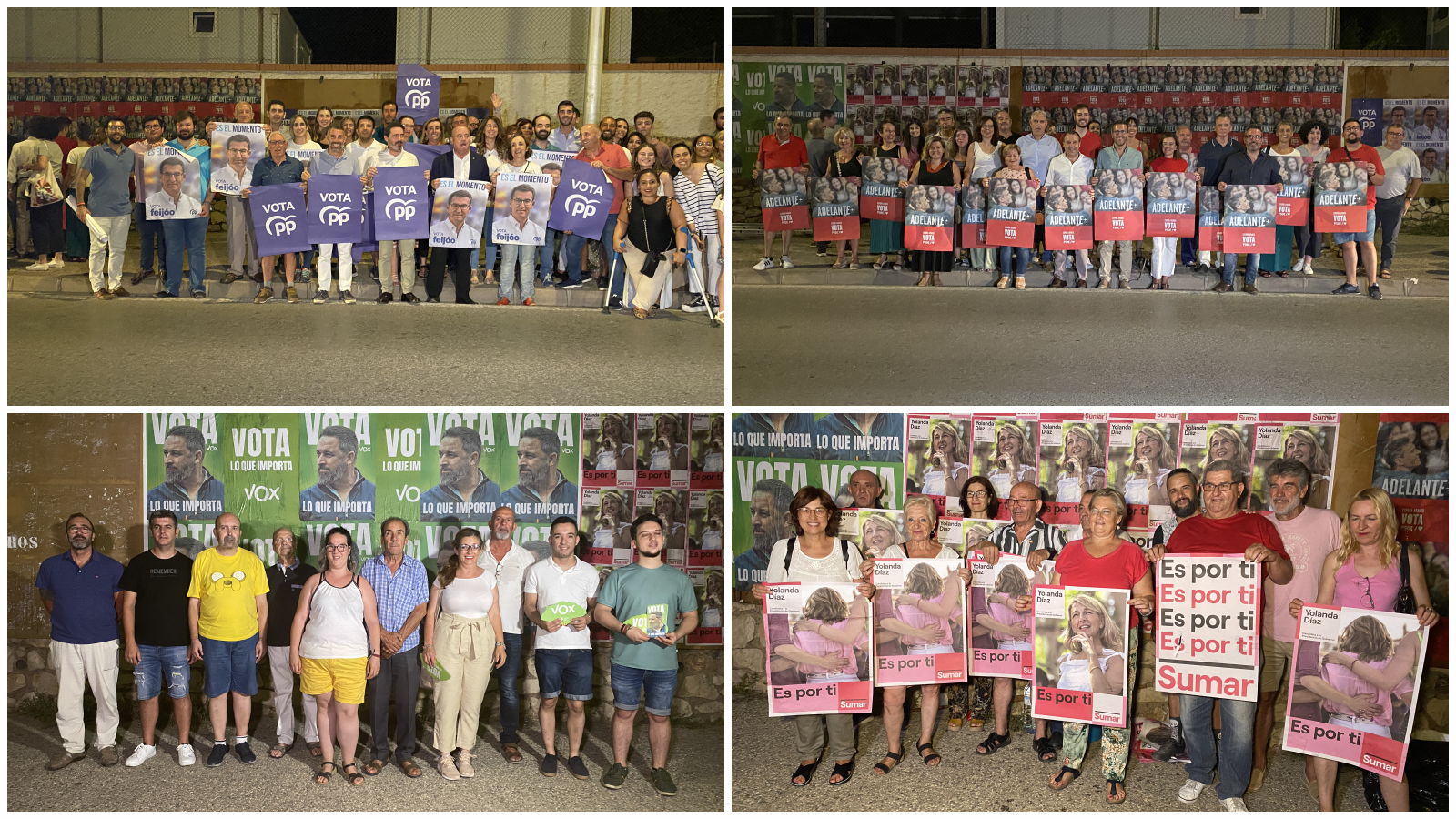 Miembros del PP, PSOE, Vox e IU tras la pegada de carteles en Antequera en el arranque de la campaña del 23J