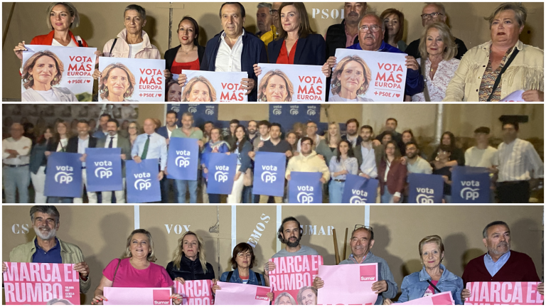 Miembros del PSOE, PP e Izquierda Unida en el comienzo de la campaña de las Elecciones Europeas en Antequera (mayo 2024)