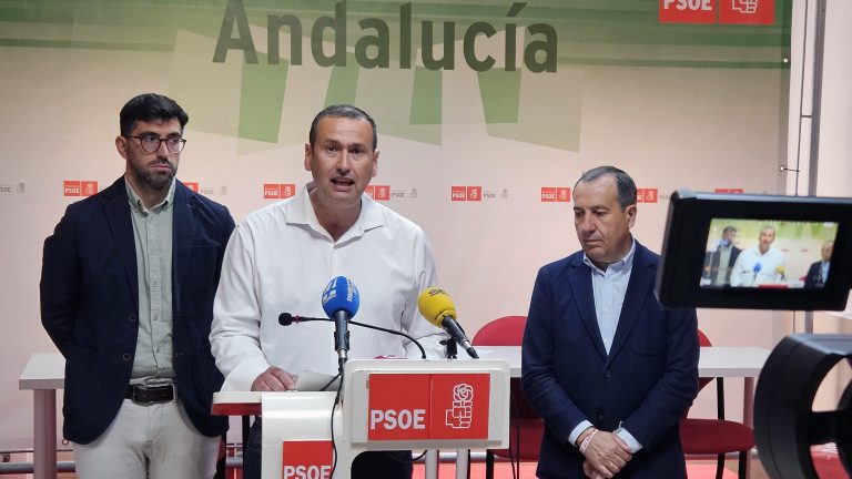 El diputado provincial Manuel Lara, junto al alcalde de Campillos, Daniel Gómez, y el parlamentario andaluz José Luis Ruiz Espejo en la sede del PSOE de Antequera (junio 2024)