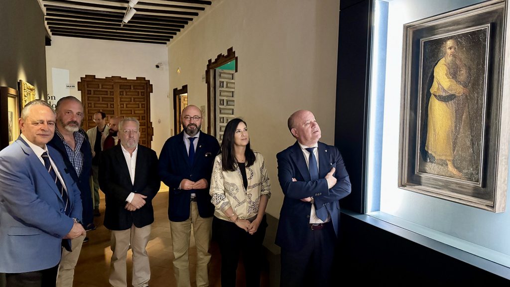José María Palencia, Rafael Romero, José Escalante, José Medina Galeote, Ana Cebrián y Manolo Barón junto a la obra 'San Joaquín' en el MVCA (mayo 2025)