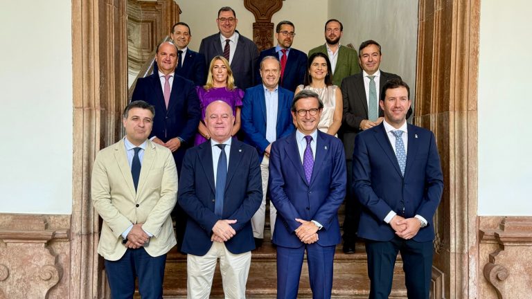 El alcalde Manolo Barón, junto al consejero de Industria, Energía y Minas, Jorge Paradela, y otros responsables del ramo, en el Ayuntamiento de Antequera (junio 2025)
