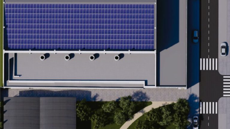 Vista cenital de la recreación virtual del nuevo polideportivo cubierto de Sierra de Yeguas (septiembre 2025)