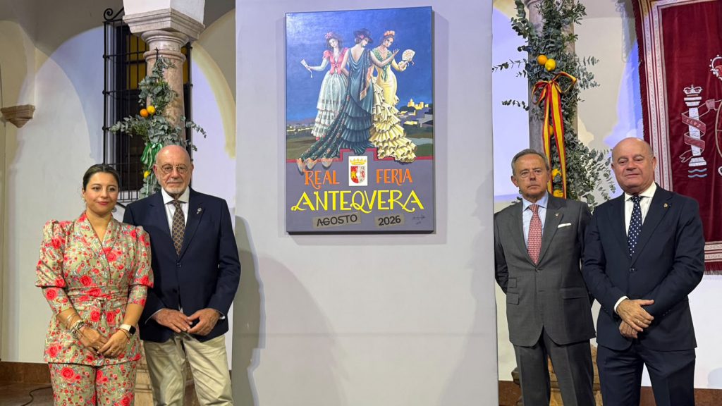 20260731 Elena Melero, Ángel Calle, Francisco Ruiz y Manolo Barón, tras la presentación del cartel de la Real Feria de Agosto de Antequera 2028