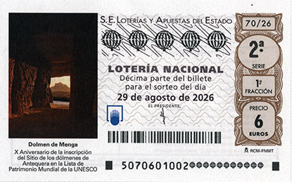 Décimo de Lotería Nacional con una imagen del interior del Dólmen de Mega de Antequera