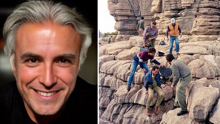 Juan Lebrón y el rodaje de 'El Torcal de Antequera' en 1986 (fotos @JuanLebrónSpain y Ayuntamiento de Antequera)